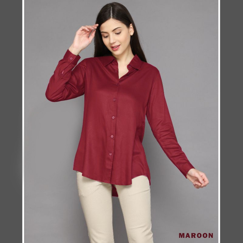 kemeja wanita polos lengan panjang basic kekinian hem cewek baju kantor slimfit simple terbaru murah-MAROON