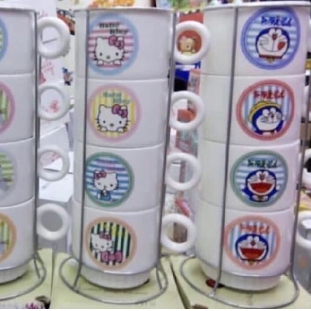 Gelas keramik susun plus rak stainless hellokitty