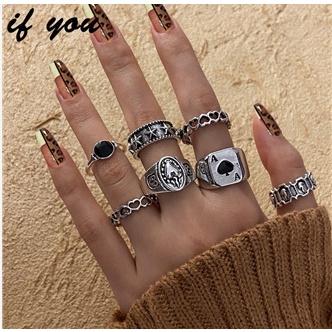 7 Pcs / Set Cincin Model Kartu Tumpuk Hollow Bahan Alloy Gaya Punk Untuk Perhiasan