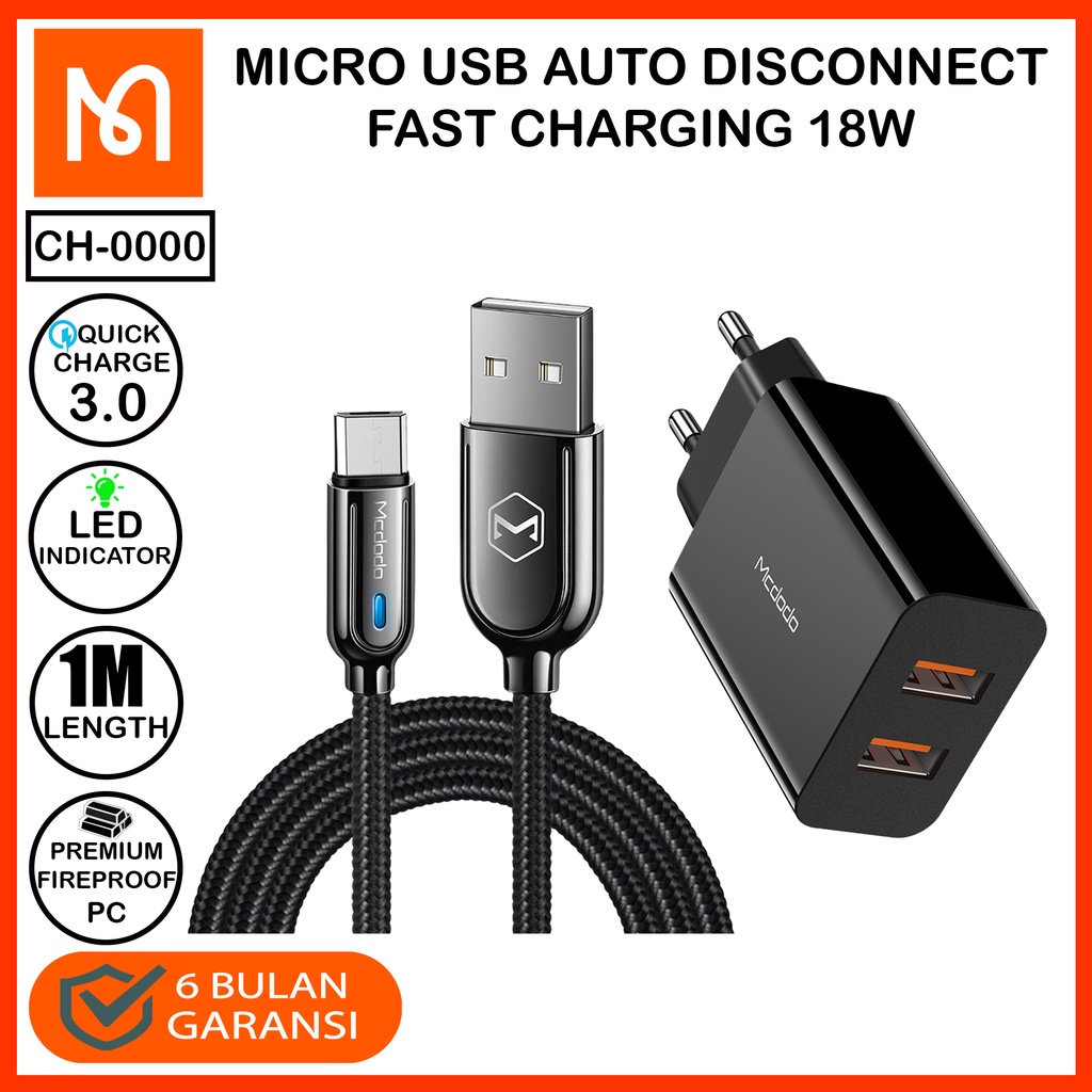 MCDODO Travel Charger Oppo A37 ,A39 ,A57 ,F1S Micro USB FAST Charge 10W / 2.1A-ADP+KABEL AUTOOFF18W