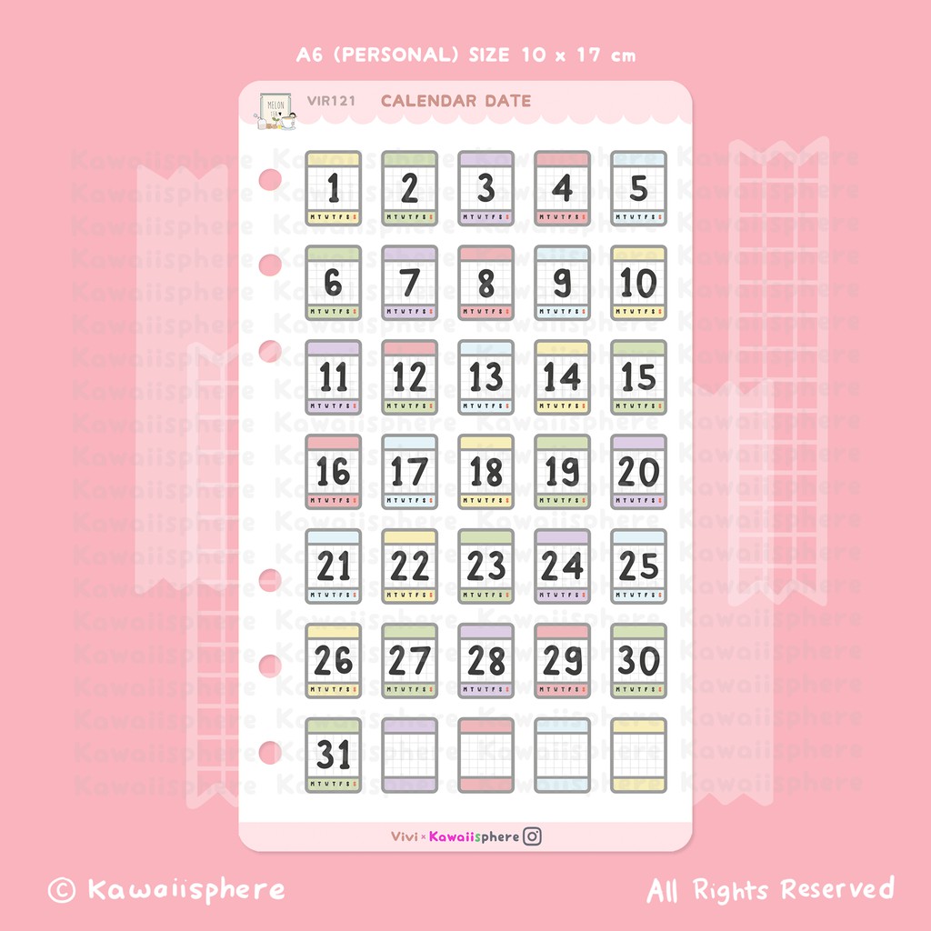 

Calendar Date VIR121 | Journal / Ring Binder 6-holes Planner Sticker | Stiker Tanggal Kalender