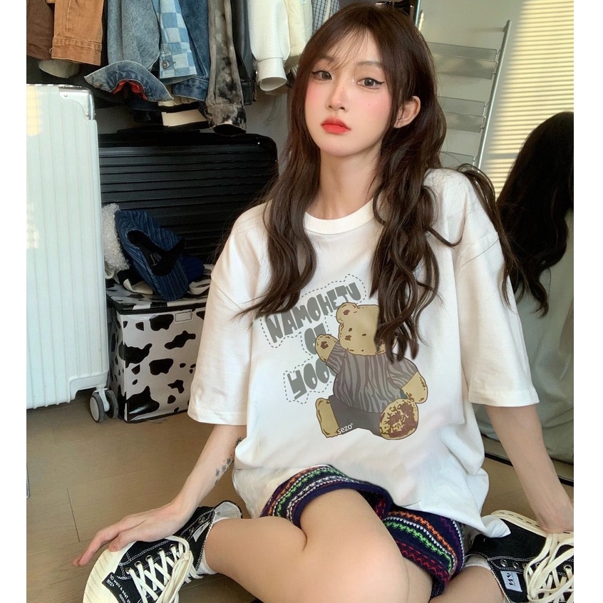 EUNII T-shirt Lengan Pendek Cetakan Beruang Longgar Korean Style/Kaos Atasan Wanita/Baju Kaus Oversize Wanita