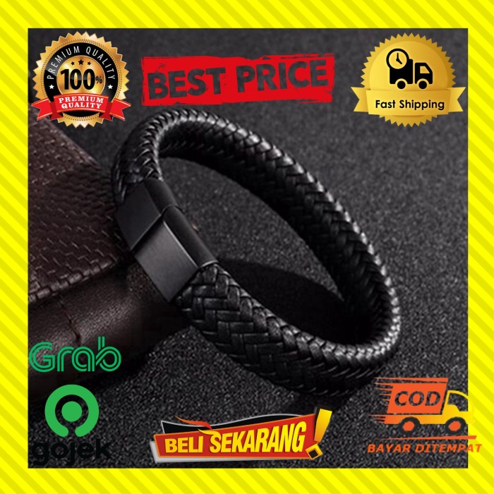 Gelang Kulit Pria Magnet Stainless Hitam Asli Premium Couple Ori G94