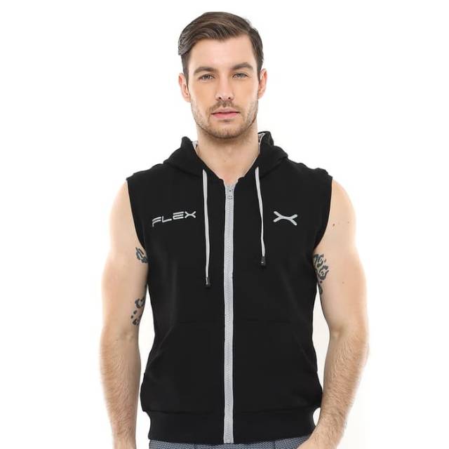 FJS-004HT Jaket sleeveless hoodie sport fitness FLEX hitam