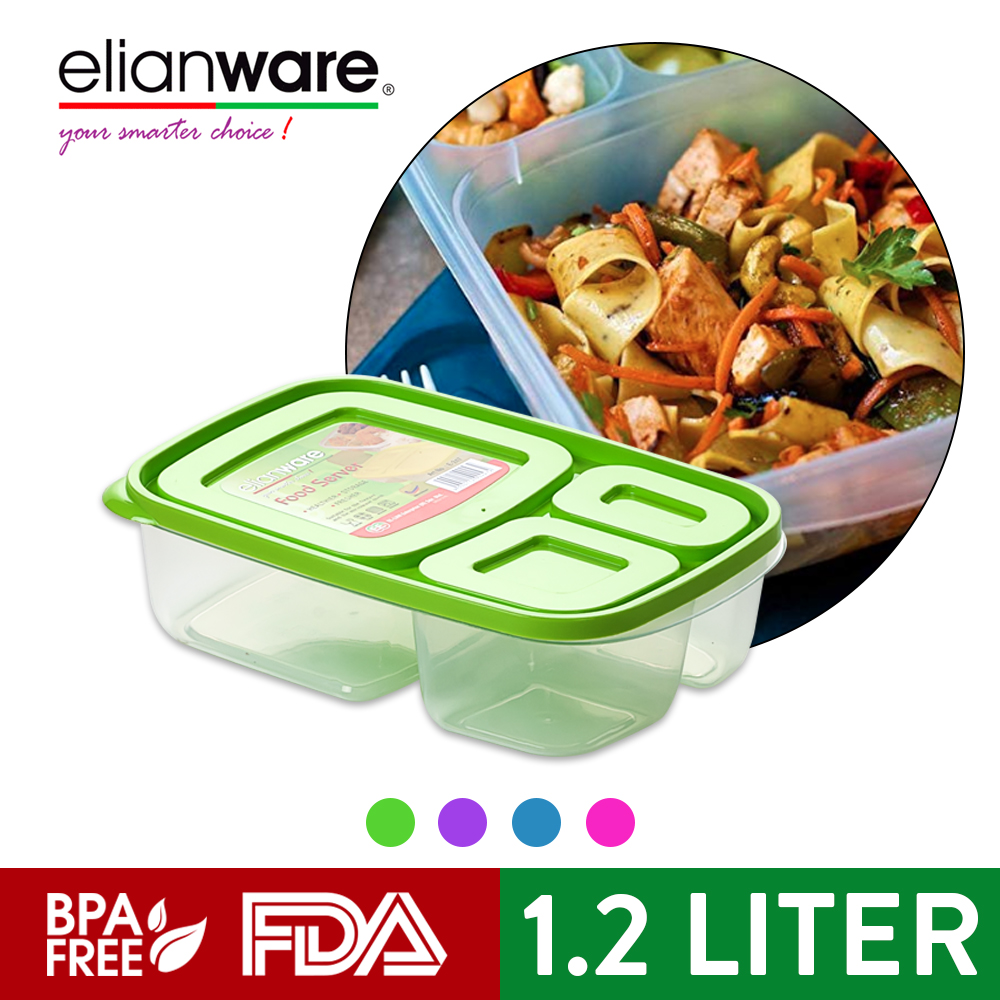 Elianware 3 Compartment Divided Lunch Box Food Container Microwavable (1.2L)