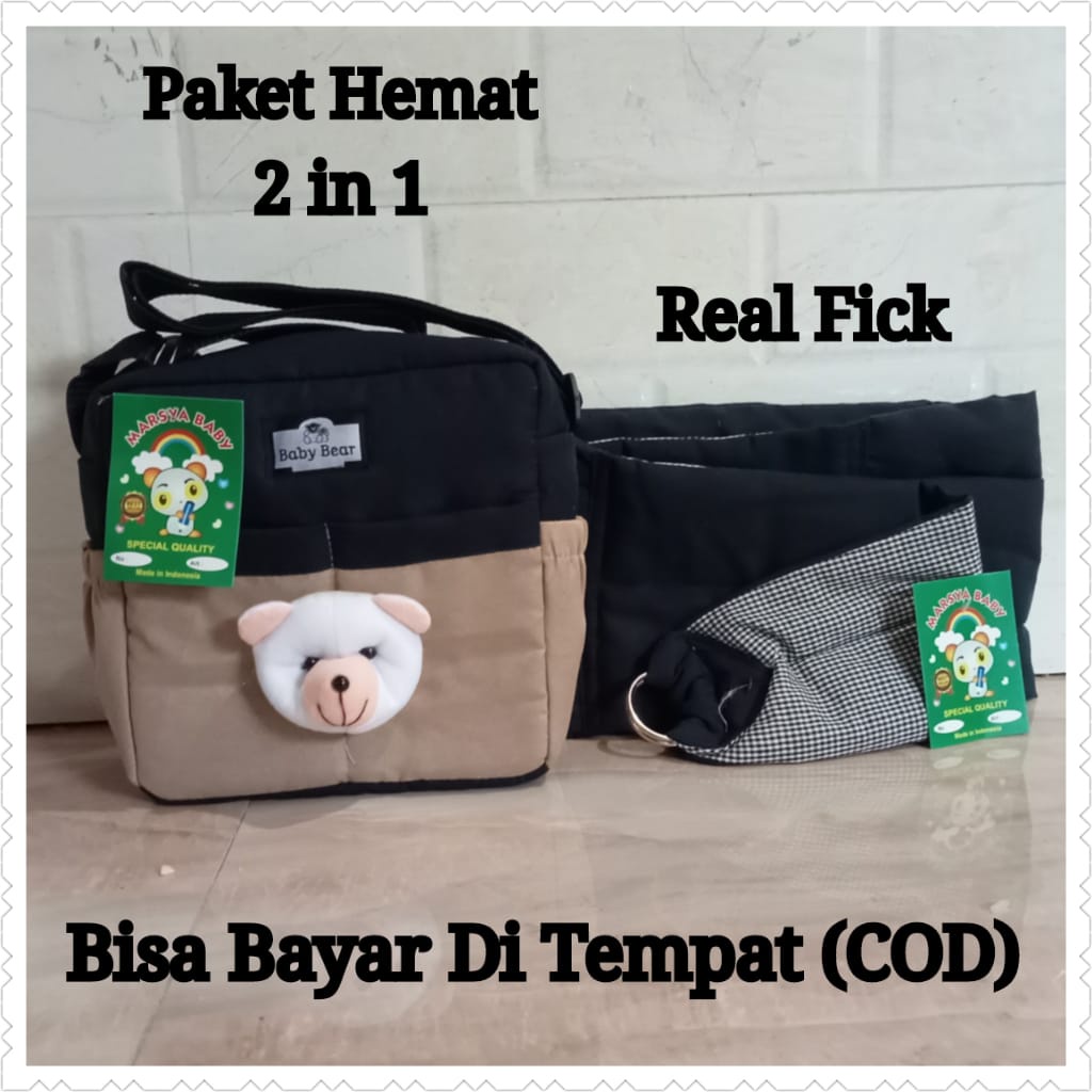 Paket 2in1 tas bayi boneka beruang dan gendongan bayi polos tanpa topi termurah