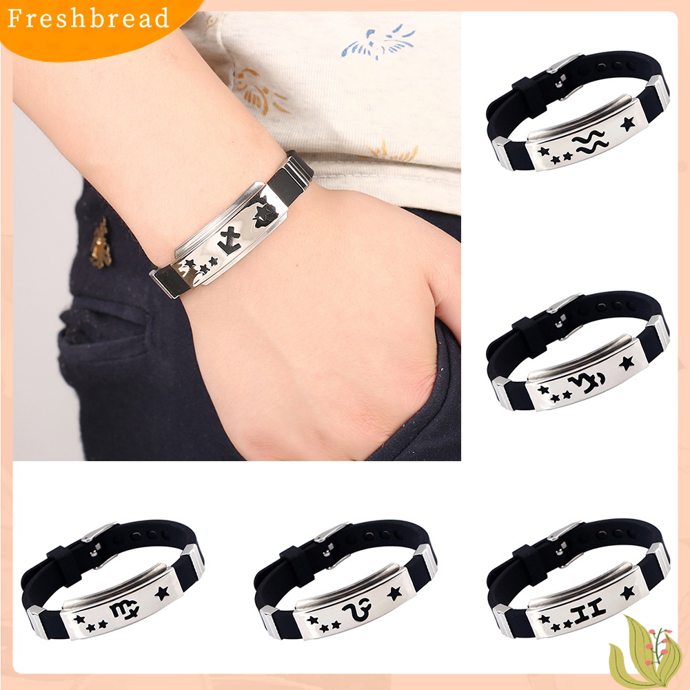 ?Fresh?? Gelang Tali Silikon Pria dengan Pelat Stainless Steel Grafir Gambar 12 Pilihan Zodiak