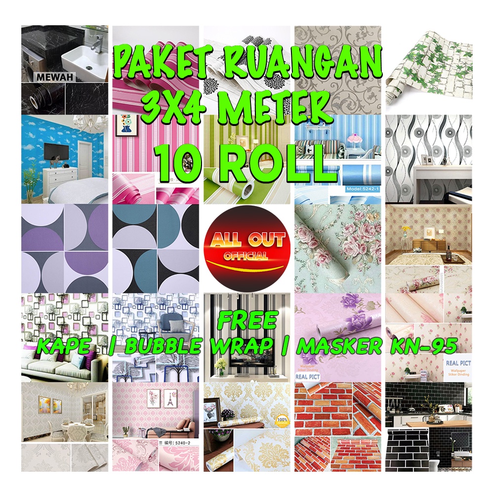 Paket Satu Ruangan 3x4 M 10 Roll 10 Meter All Out Official Wallpaper Kamar Tidur/Wallpaper Sticker D