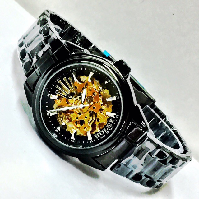 Jam Tangan Pria Rolex Skeleton Automatic Full Black Grosir Premium