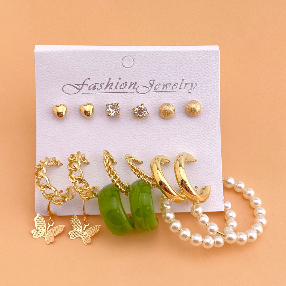 Set Anting Bentuk Lingkaran Aksen Mutiara Butterfly Bahan Resin Untuk Wanita