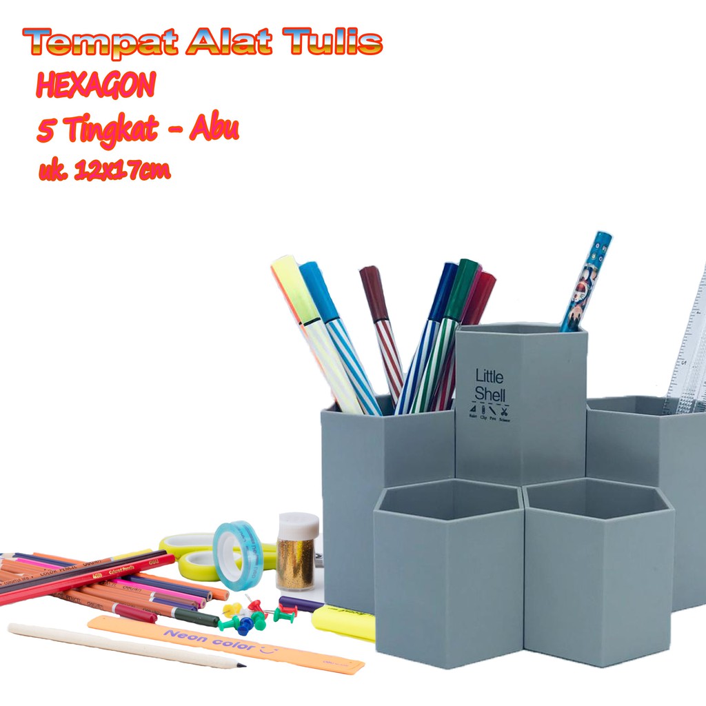 Tempat Alat Tulis Hexagon / 5 Tingkat - Abu