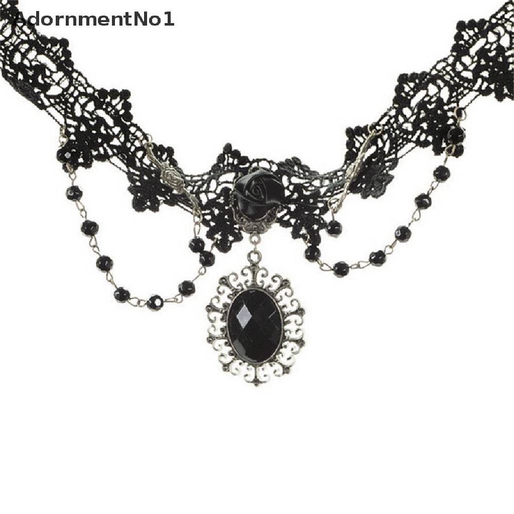 (AdornmentNo1) Kalung Choker Lace Bunga Mawar Hitam Gaya Gothic Untuk Wanita