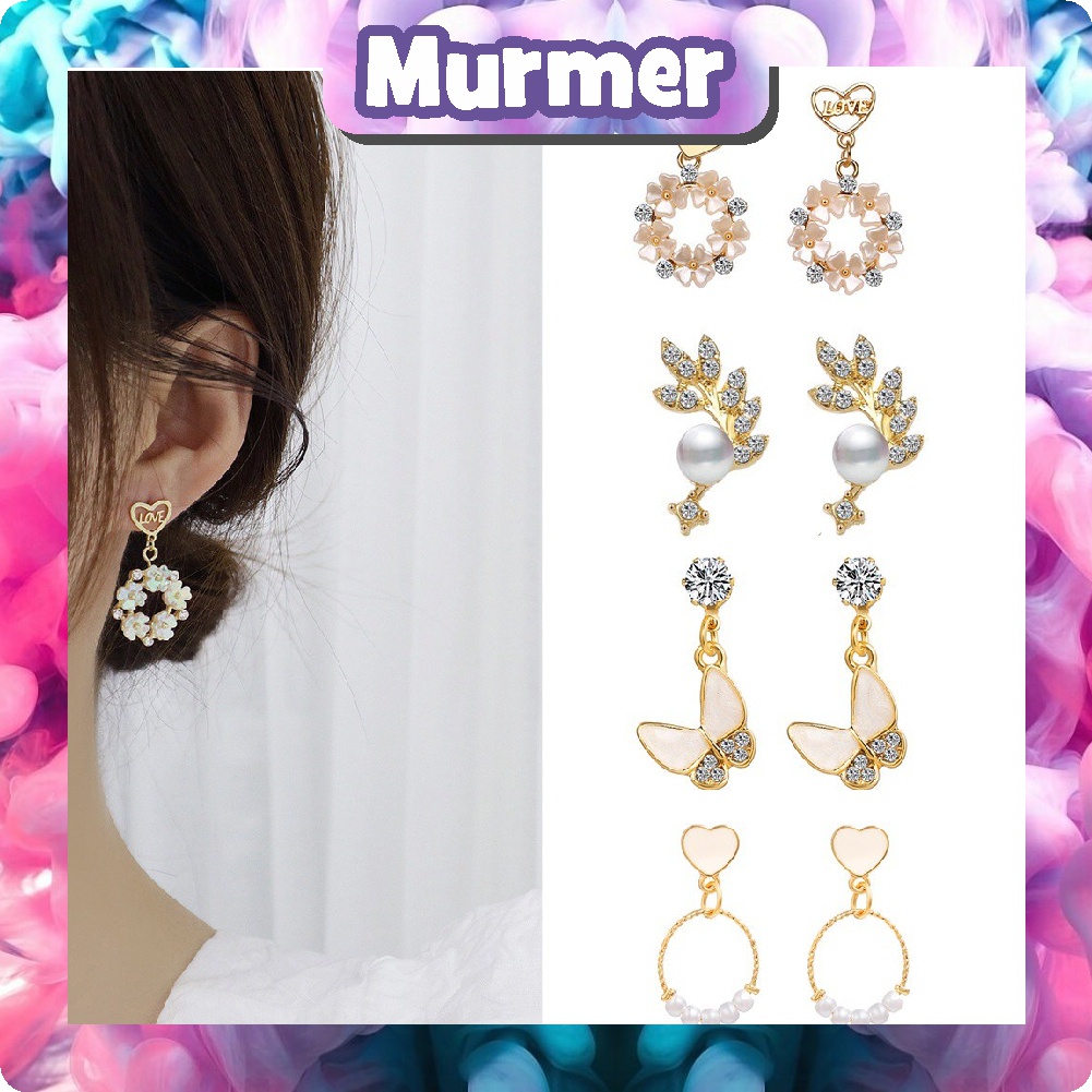 MurmerOfficial  A059 Anting Korea Style Anting Perempuan Modis Kekinian Anting Elegan Anting Tusuk 17KM Gantung Temperament Desain Hati + Pita + Mutiara Gaya Korea / Elegan 17km Untuk Wanita