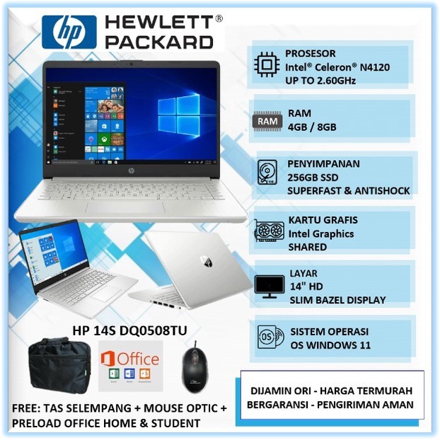 Laptop Slim HP 14s DQ0508TU Intel N4120 8GB 256GB 14" Win11Home + OHS Silver