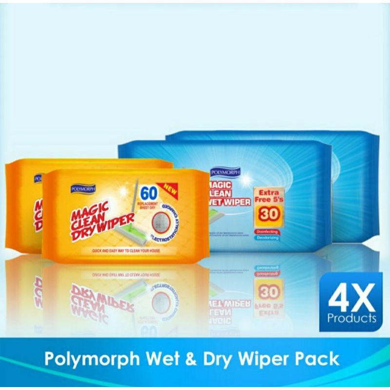 PAKET ISI 4 PACK POLYMORPH MAGIC CLEAN DRY / TISU KERING + MAGIC CLEAN  WET / TISU BASAH PEMBERSIH LANTAI I