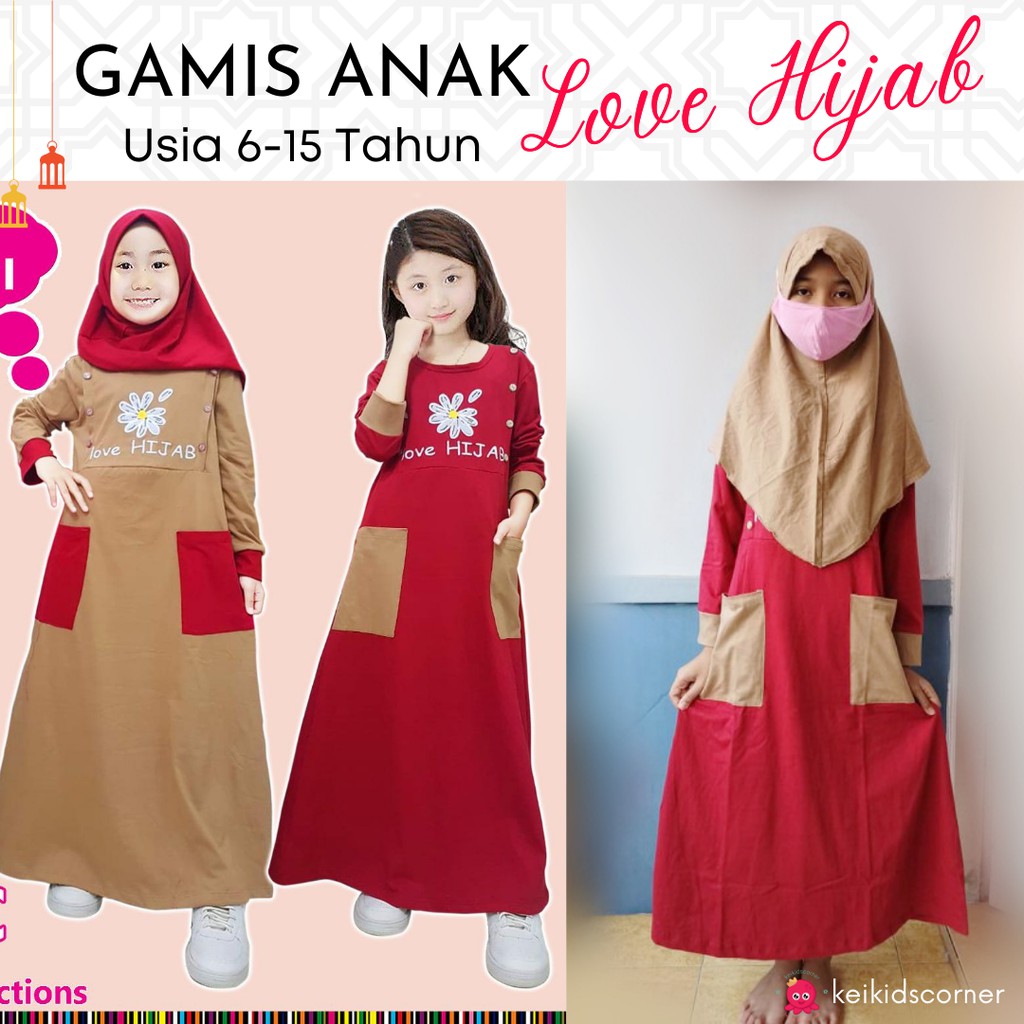 Obral Gamis Anak perempuan Umur 6 7 8 9 10 11 12 13 14 15 Tahun Love Hijab - Bahan Kaos Katun Adem