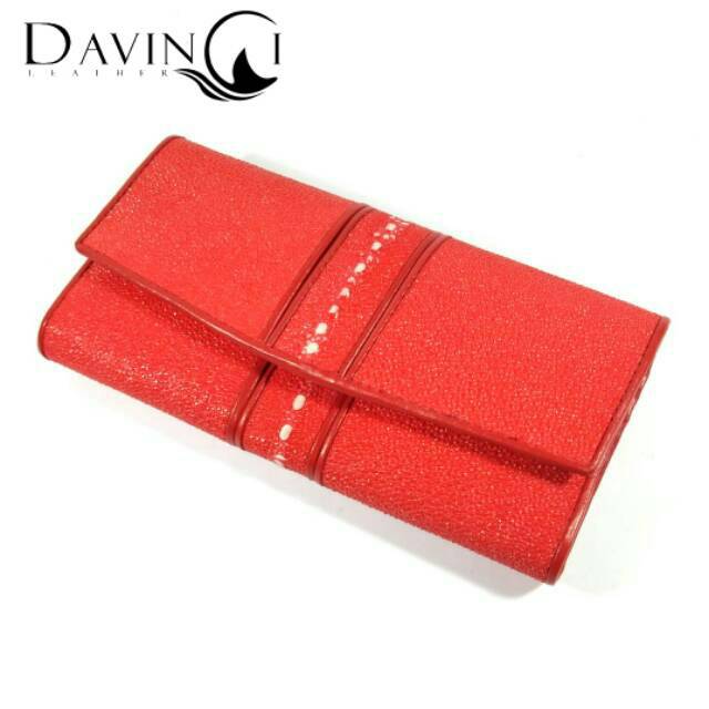 Dompet Wanita Lipat 3 Kulit Ikan Pari Duri Warna Merah