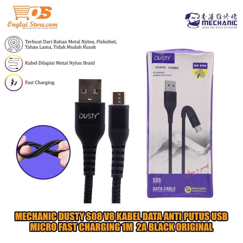 Mechanic Dusty S08 V8 Kabel Data Anti Putus USB Micro Fast Charging 1M 2A Black ORI