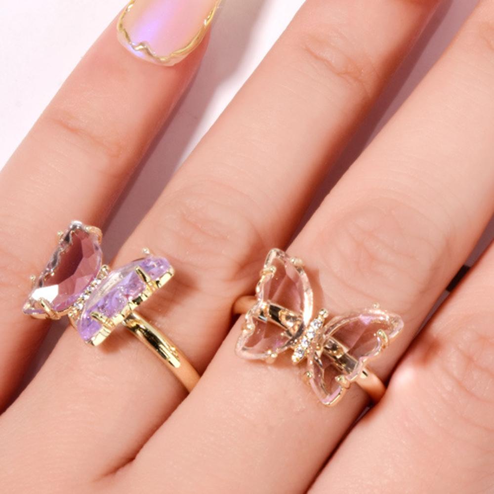 AUGUSTINA Agustinina Kristal Kupu-Kupu Cincin AB Berlian Adjustable DIY Nail Art Shiny Nail Aksesoris Foto Properti Perhiasan Kuku