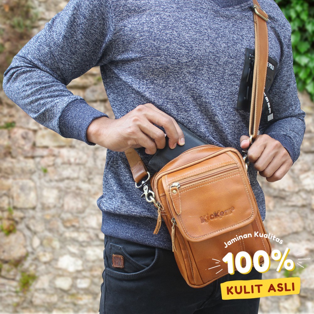 Tas Selempang Pria Bahan Kulit Sapi Asli Berkualitas Warna Coklat Tan Kkulit Craft