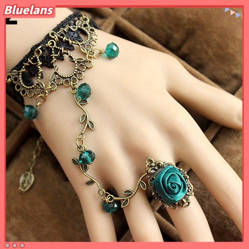 Bluelans Gelang Sambung Cincin Bahan Lace Motif Bunga Gaya Retro / Gothic Untuk Wanita