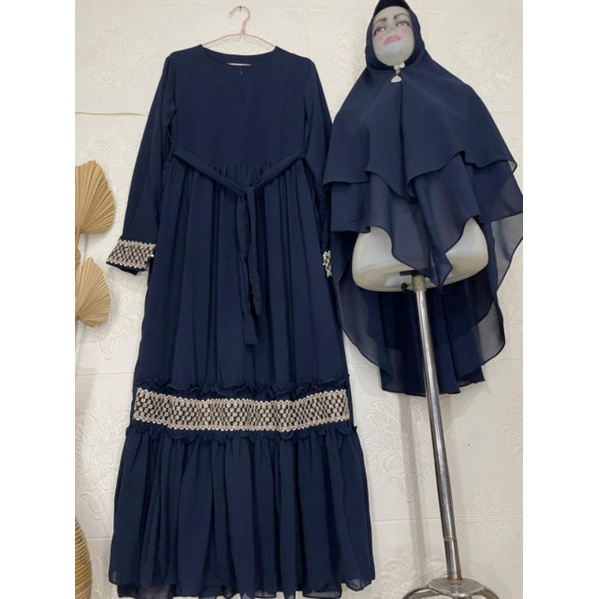 Gamis Syari Ceruty Mix Renda Depan dan Tangan | Gamis Syari Busui | Gamis Set Khimar Terbaru-Navy