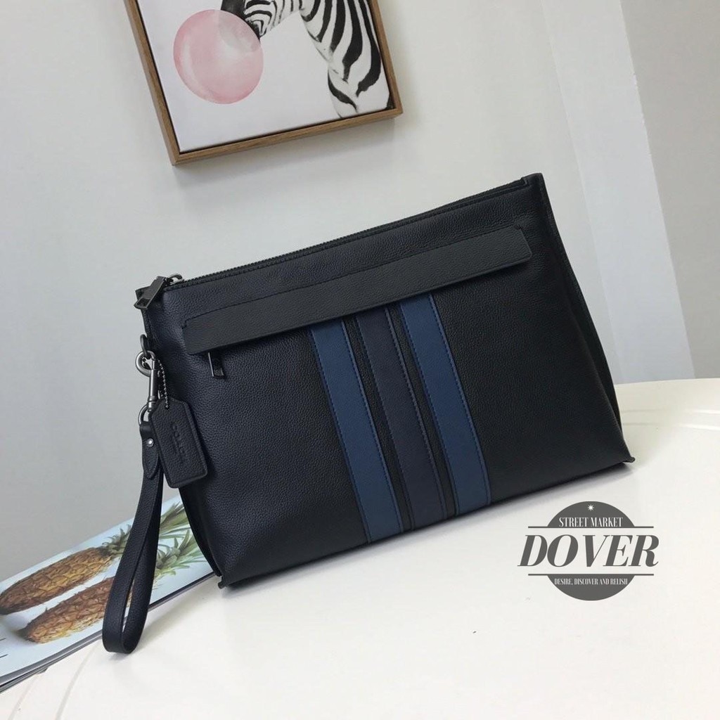 Coach Men's Pouch / Clutch In Full Black Leather With Varsity Stripe - ORIGINAL 100%