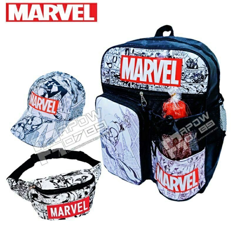 Tas Ransel 3in1 anak sekolah original Marvel Ransel+waistbag+topi bonus botol minuman