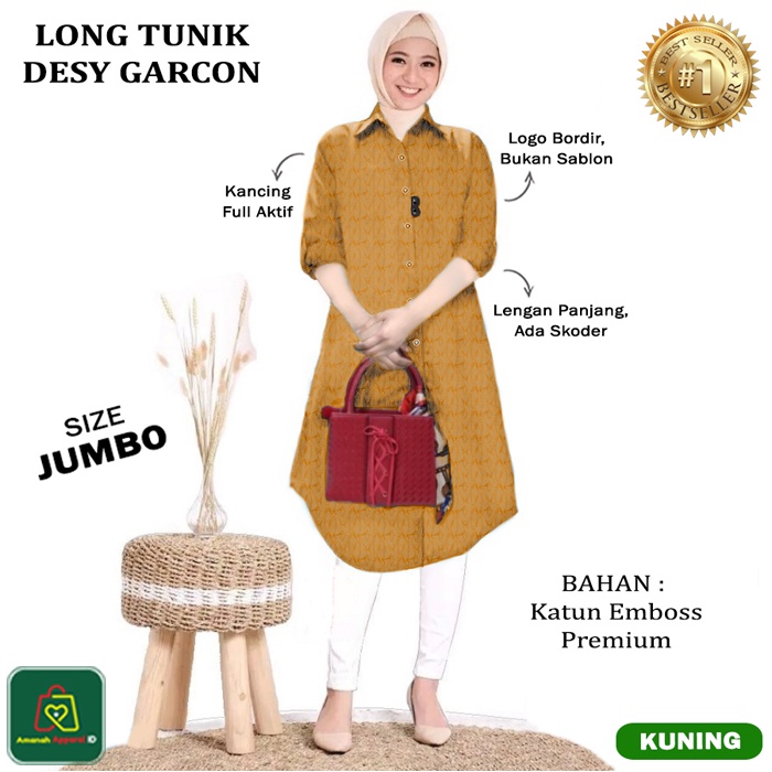 Baju Atasan Tunik Wanita Muslim LONG TUNIC DESY GARCON JUMBO Bahan Katun Emboss Premium Size XL-XXL / 19652 19655