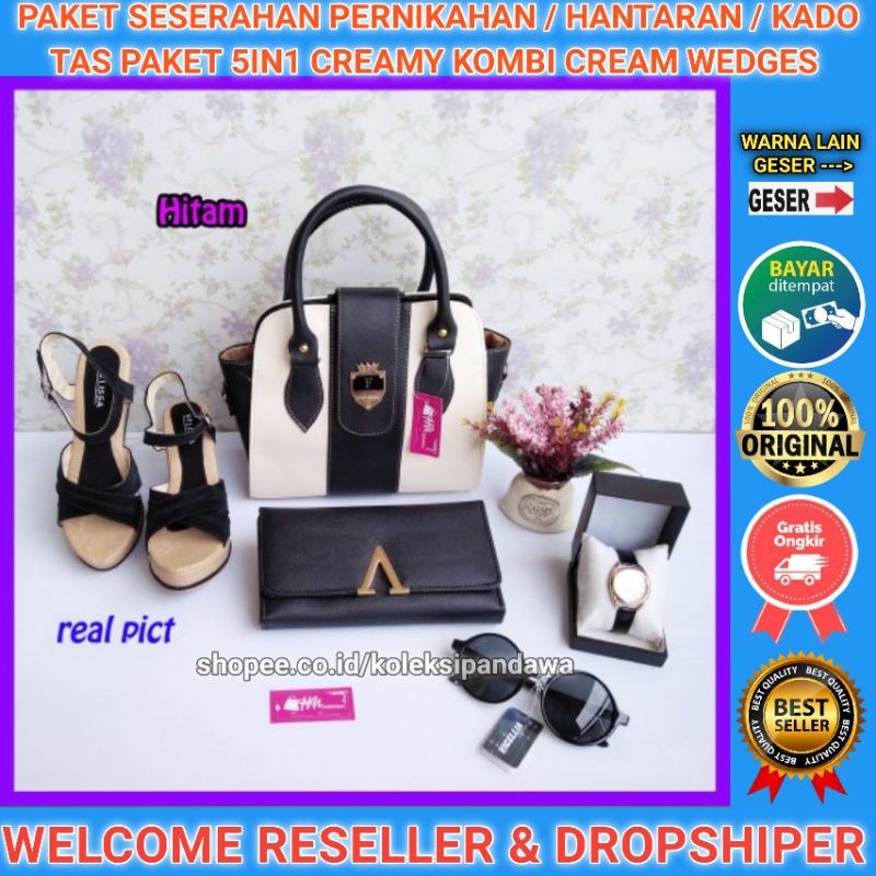 TAS PAKET SESERAHAN PERNIKAHAN JAM TANGAN WANITA DOMPET KACAMATA SENDAL WEDGES SANDAL WEDGES WANITA