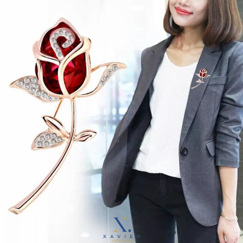 Bros Bunga Mawar Merah / Flower Brooch / Bros Wanita Impor