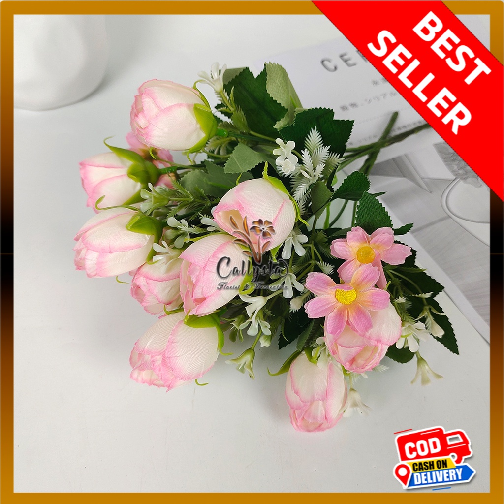 Bunga mawar mini Tulip cabang 5 - bunga tulip plastik Imitasi mawar tulip artificial untuk dekorasi 