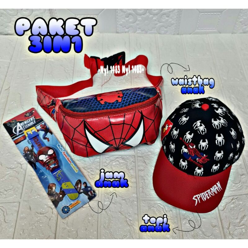 COD WAISTBAG ANAK LAKI LAKI TOPI ANAK FREE JAM ANAK PAKET HEMAT 3IN1 TAS SELEMPANG ANAK MOTIF SPIDERMAN