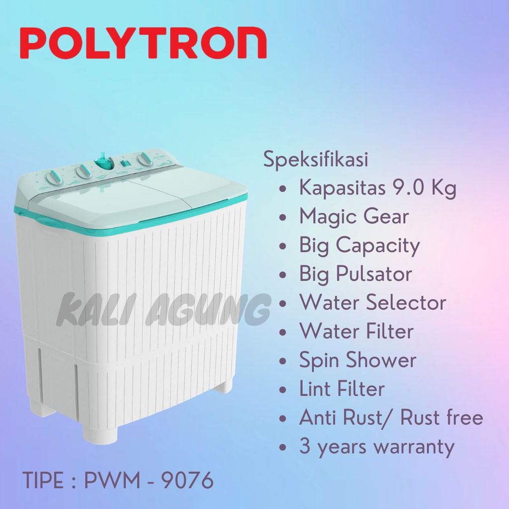 Jual MESIN CUCI POLYTRON 2 TABUNG - 9 KG - PWM 9076 - FREE ONGKIR ...