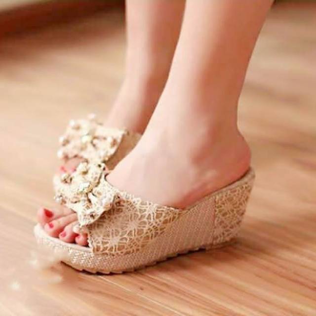 Sandal brokat - wedges brukat - sandal cantik dengan pita untuk acara pesta dan kondangan DV21