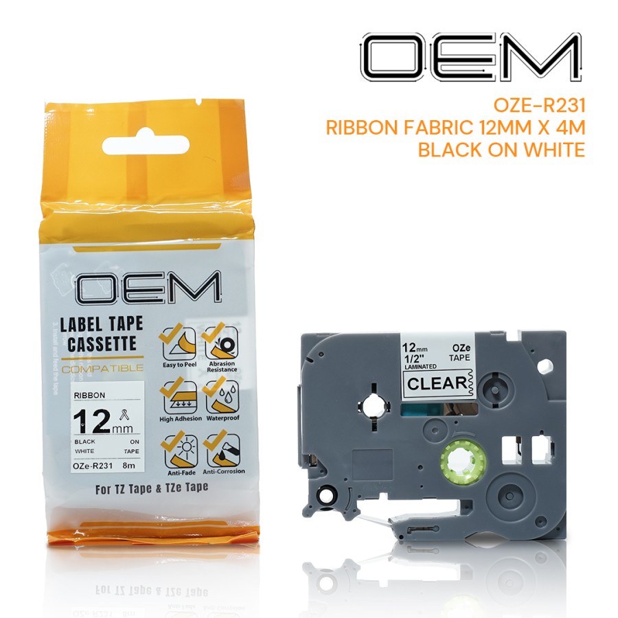 OZe-R231 OEM RIBBON FABRIC 12mm Black On White For Use on Brother