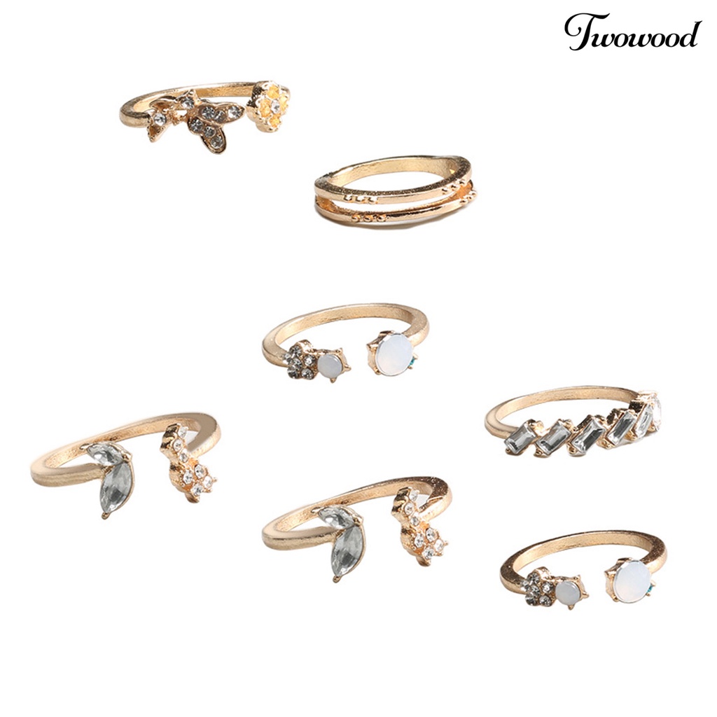 Twowood 7Pcs Elegant Opening Ring Shiny Rhinestones Wear-resistant Female Temperament Finger Ring for Decoration