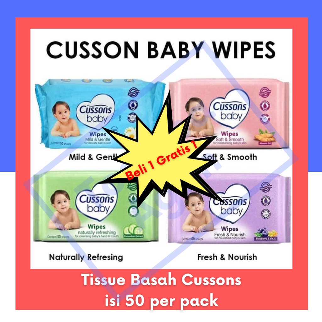 Tisu Basah Cussons Baby Wipes Wet Tissue Beli 1 Gratis 1 isi 50 lembar (Warna Acak)