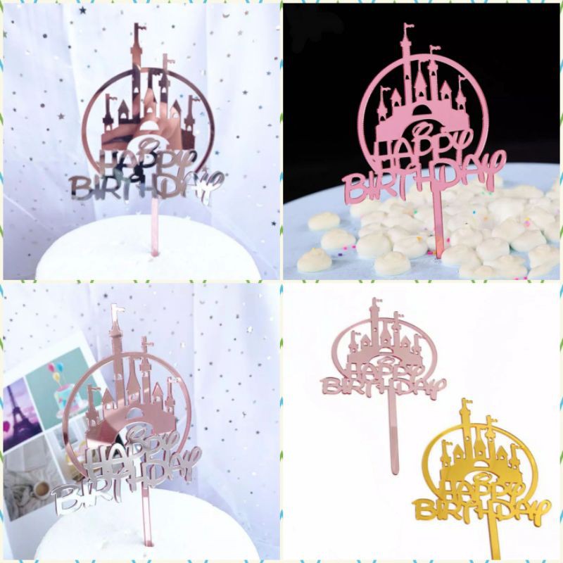 Topper Cake Happy Birthday Castle Acrylic Hiasan Tulisan Ulang Tahun Menara Istana Akrilik