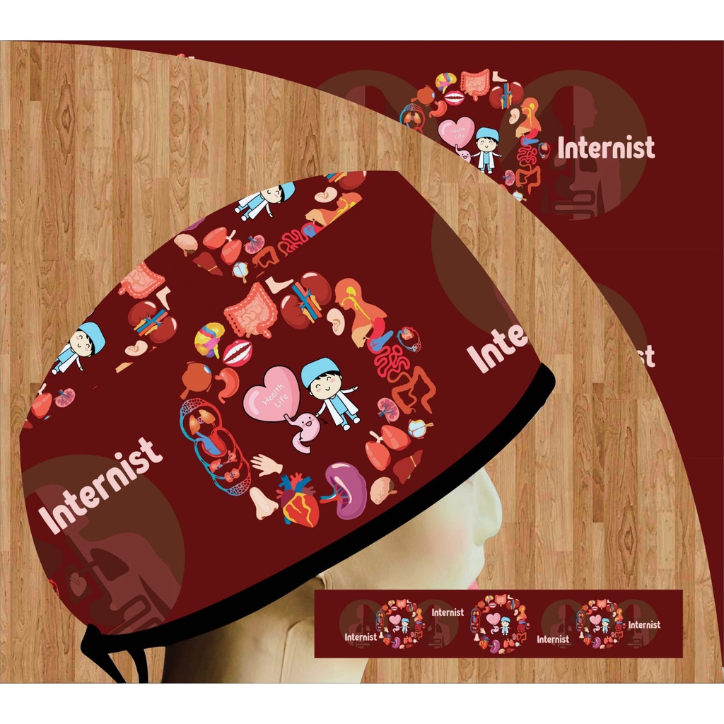 Head Cap /Topi Medis / Scrub Hat / Surgical Cap / Topi Dokter Custom Printing Motif Internist Merah