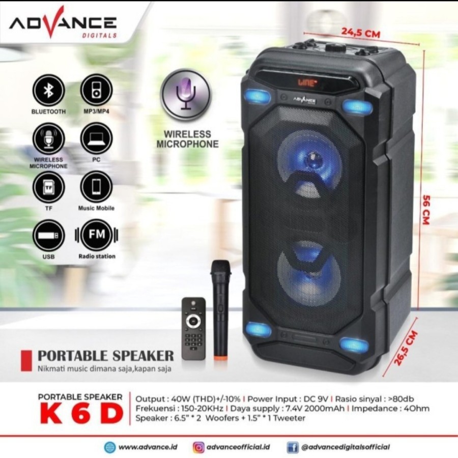 ADVANCE K6D - Speaker Meeting Bluetooth / Speaker Portable 6,5&quot; x 2 - K 6 D