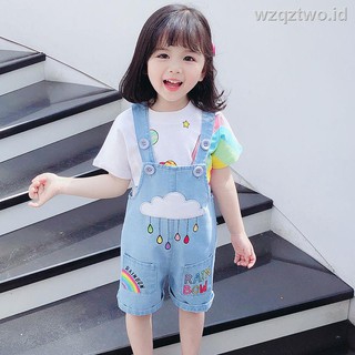 2pcs set Kaos  T Shirt Lengan  Pendek  Overall Denim Pelangi  