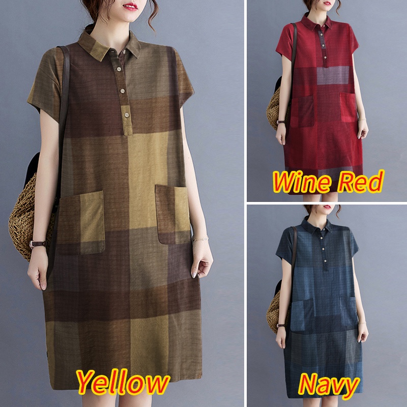 ZANZEA Womens Check Short Sleeve Turn-Down Collar Casual Loose Midi Dress