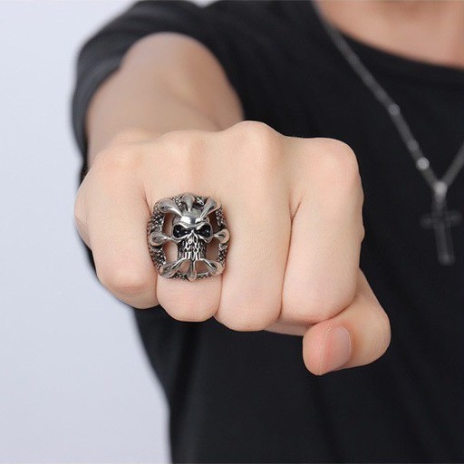 Cincin Single Tengkorak Titanium Pria Cowok 316L Metal CP018 Model punk vintage series silver