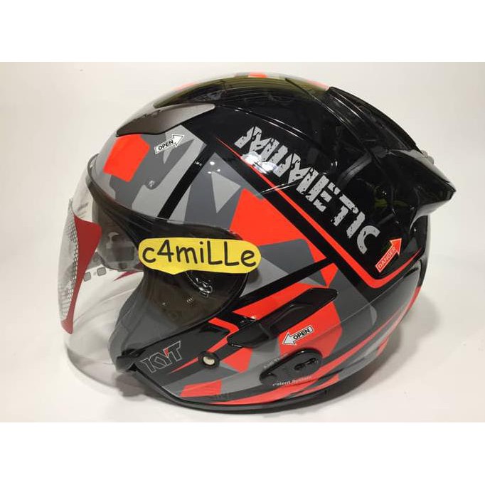 Helm Kyt Galaxy Slide #4 Black Red Fluo Double Visor Half Face
