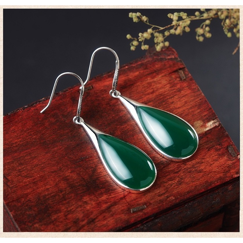 Green Chalcedony Ear Hook Vintage Drop-Shaped Red Garnet Earrings Temperament Hetian Jade Ear Hook