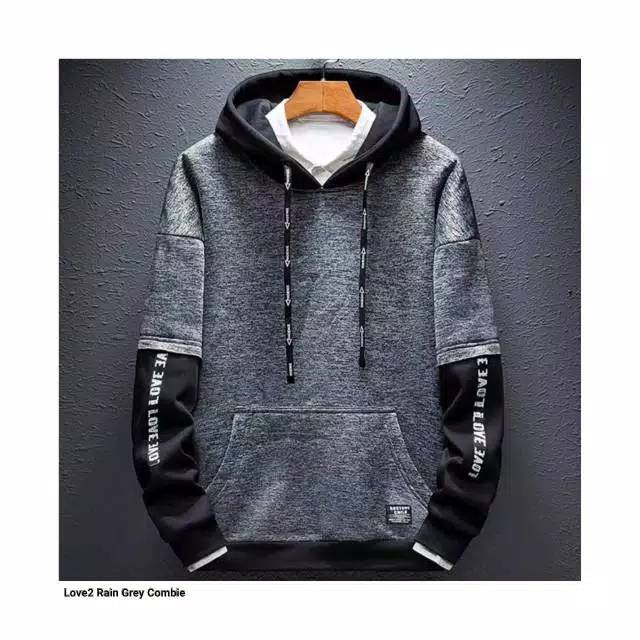 Sweater reglan cowo LOVE RAIN GREY beludru panas musim gugur berkerudung
