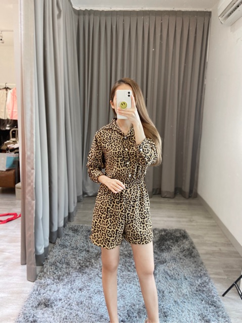 Jumpsuit wanita / jumpsuit pendek / jumpsuit leopard mocca ( K 522 )