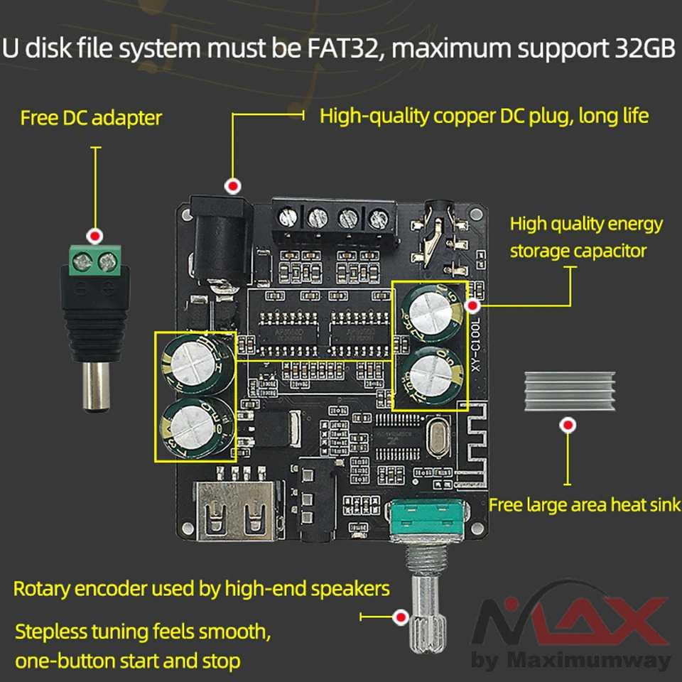 Sinilink Ampli 2 x 100W modul Audio Amplifier Bluetooth 5.0 Hi-Fi Stereo 12V 2x100W Bluetooth 5.0 Power Amplifier Class D Audio 10W~200W HiFi Stereo Wireless Music Player Mini USB Sound Card App Digital AMP