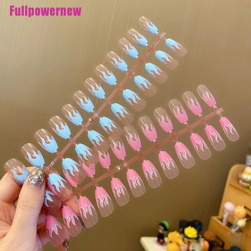 [Full] 24pcs KUKU PALSU Coffin Head Natural Fire Flame Nail Tips Fake Nails Full Cover